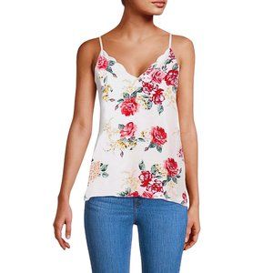 Socialite Scalloped White Chiffon Floral Rose Print Sleeveless Cami Tank Top